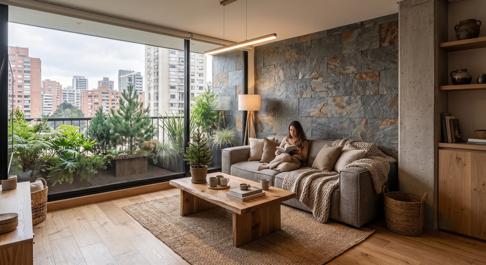 Espacio de refugio urbano con materiales naturales y luz suave
