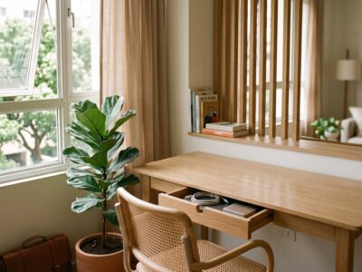 Home office sereno con luz calida y materiales naturales